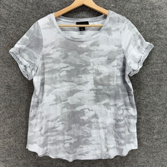 Tahari T-Shirt Women 1X Plus Gray Camouflage Short Sleeve Pockets Cotton Casual - Picture 1 of 7